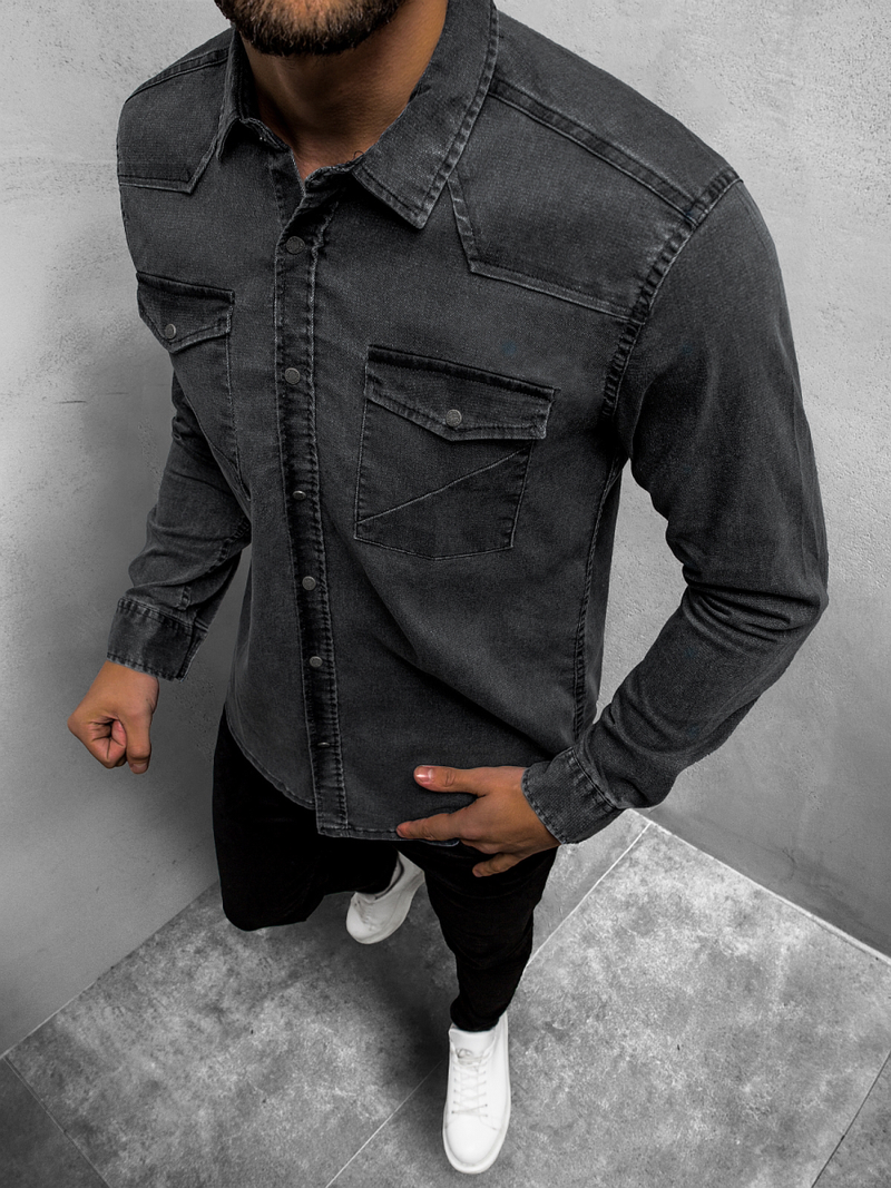 Ανδρικό τζιν πουκάμισο μαύρο OZONEE O/3444Z