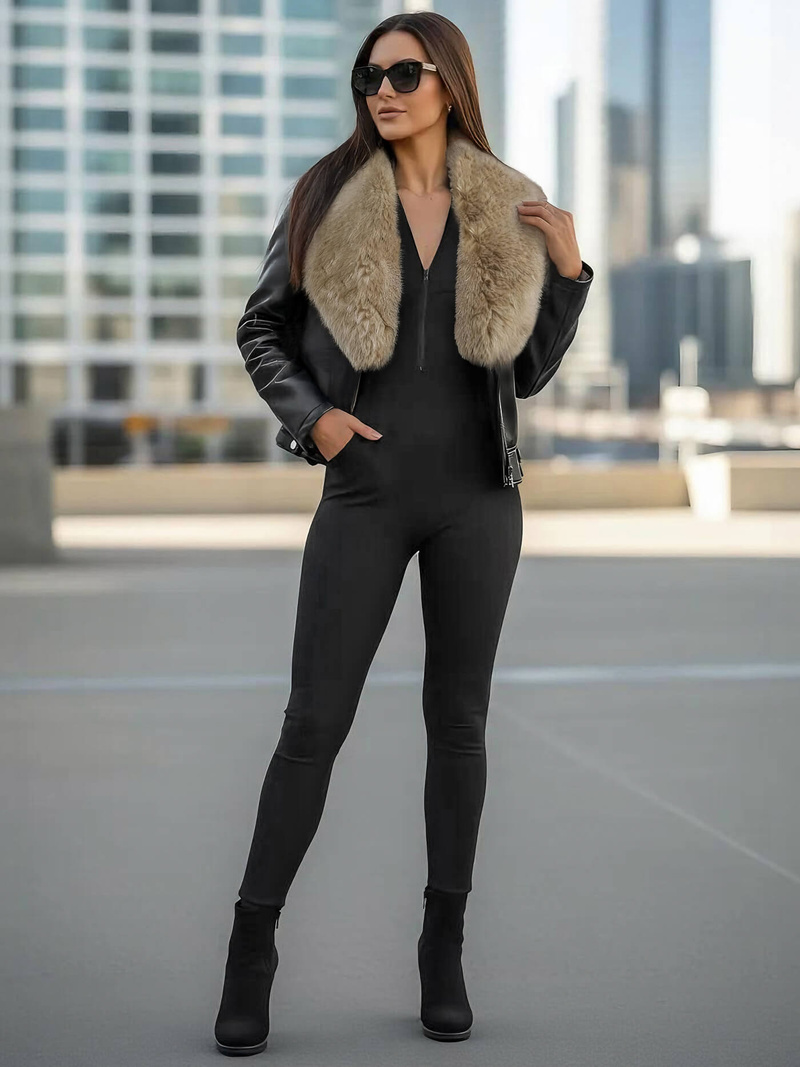 Γυναικείο δερμάτινο μπουφάν μαύρο-μπεζ OZONEE JS/61M8508/392BZ