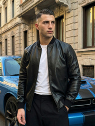 Ανδρικό δερμάτινο μπουφάν μαύρο OZONEE JS/11Z8105Z