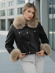 Γυναικείο δερμάτινο μπουφάν μαύρο-μπεζ OZONEE JS/61M8513/392B