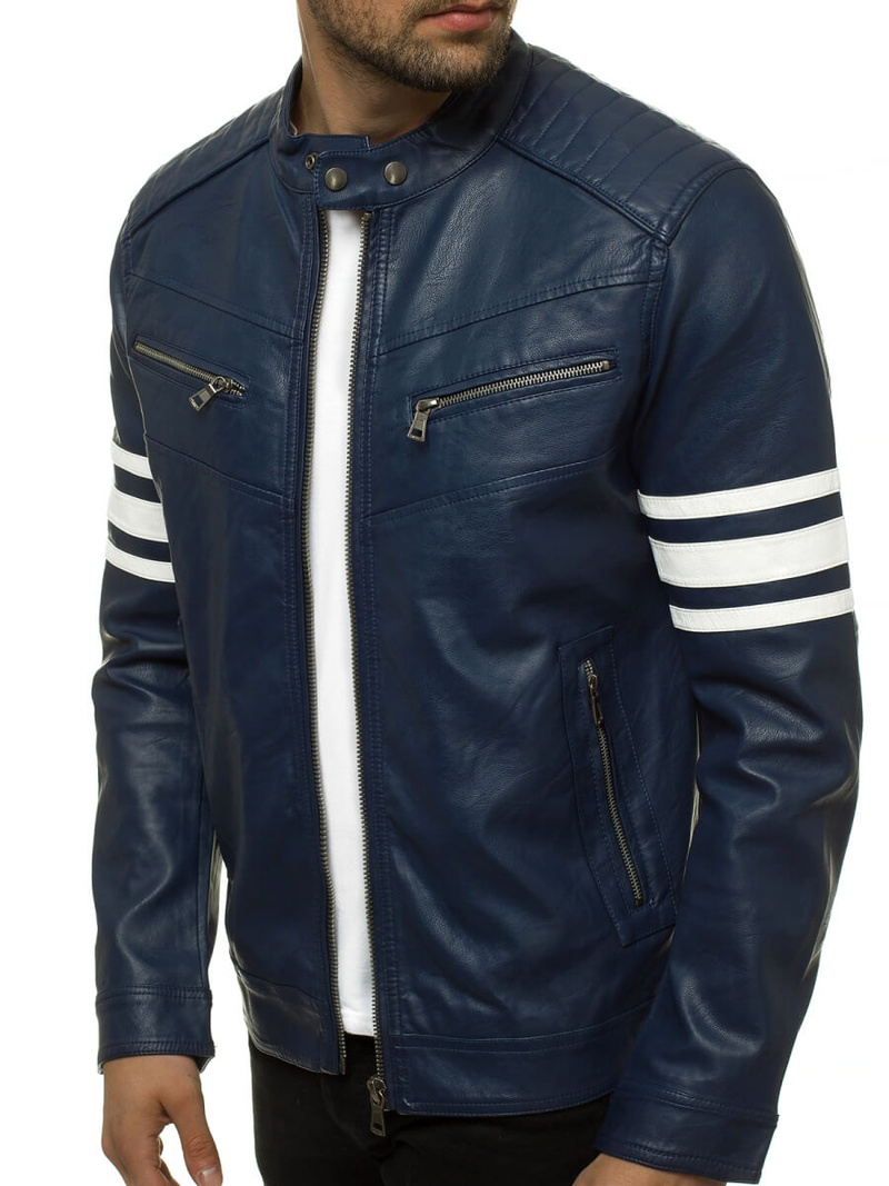 Ανδρικό δερμάτινο μπουφάν ναυτικό μπλε OZONEE YD/BF59359
