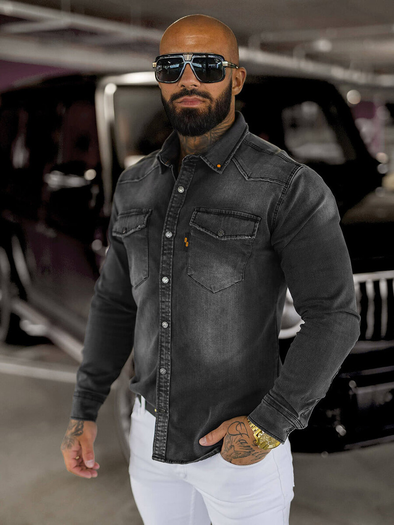 Ανδρικό τζιν πουκάμισο γραφίτη OZONEE O/51413