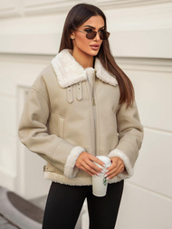 Γυναικείο δερμάτινο μπουφάν μπεζ OZONEE JS/11Z8178