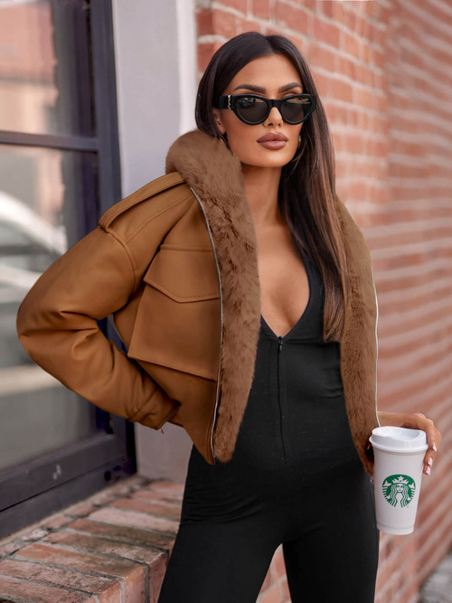 Γυναικείο δερμάτινο μπουφάν καφέ OZONEE O/G125