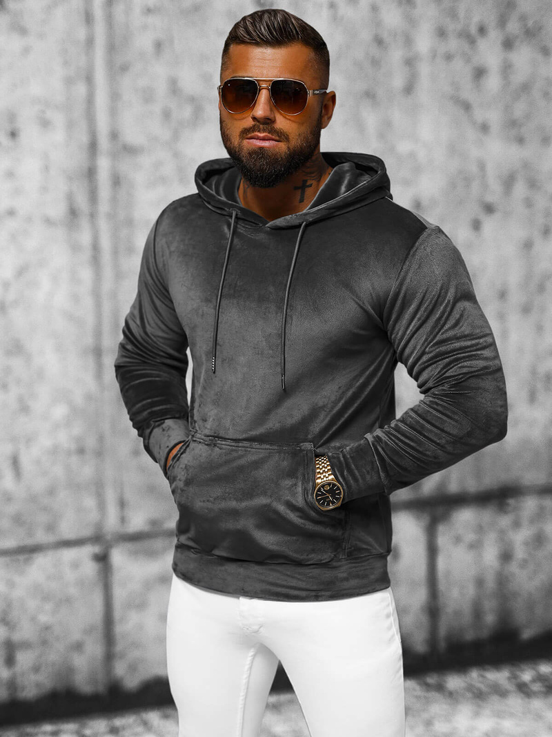 Ανδρικό βελούδινο Φούτερ με Kουκούλα γραφίτη OZONEE JS/8B1170/6