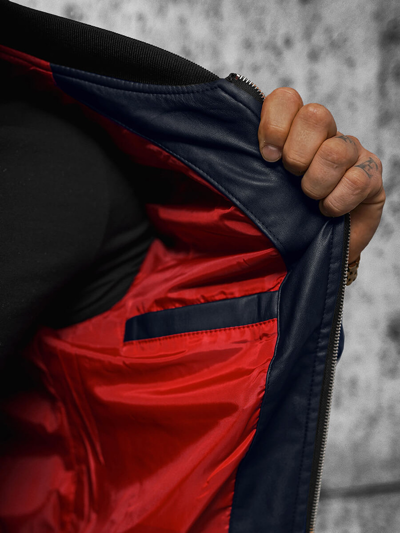 Ανδρικό δερμάτινο μπουφάν bomber ναυτικό μπλε/2 OZONEE N/6707Z