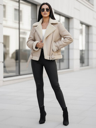 Γυναικείο δερμάτινο μπουφάν μπεζ OZONEE JS/11Z8177Z