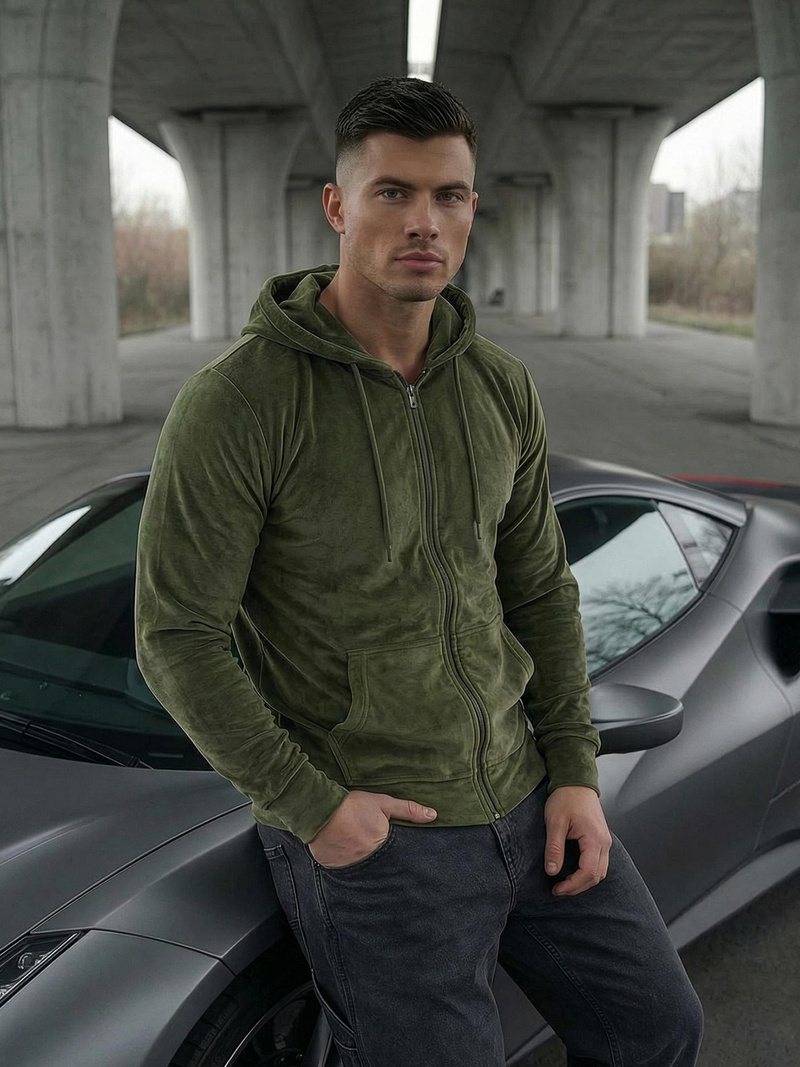 Ανδρικό βελούδινο Φούτερ με Kουκούλα Xακί OZONEE JS/8B1168/29Z