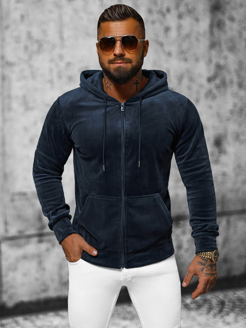 Ανδρικό βελούδινο Φούτερ με Kουκούλα ναυτικό μπλε OZONEE JS/8B1168/25