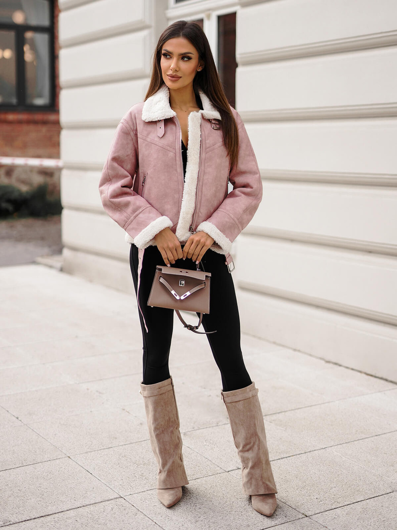 Γυναικείο δερμάτινο μπουφάν πούδρα ροζ OZONEE O/81331