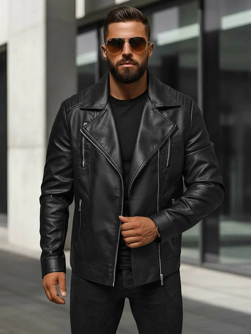 Ανδρικό δερμάτινο μπουφάν μαύρο OZONEE JS/11Z8067Z