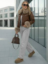 Γυναικείο δερμάτινο μπουφάν Σοκολάτα OZONEE JS/61M8513/158