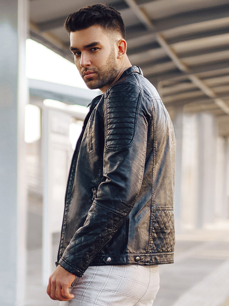 Ανδρικό δερμάτινο μπουφάν μαύρο OZONEE YD/BF5916309Z