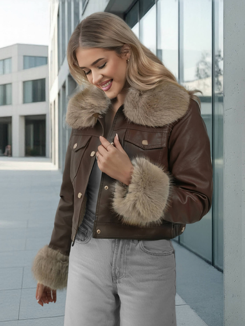 Γυναικείο δερμάτινο μπουφάν Σοκολάτα OZONEE JS/61M8513/158