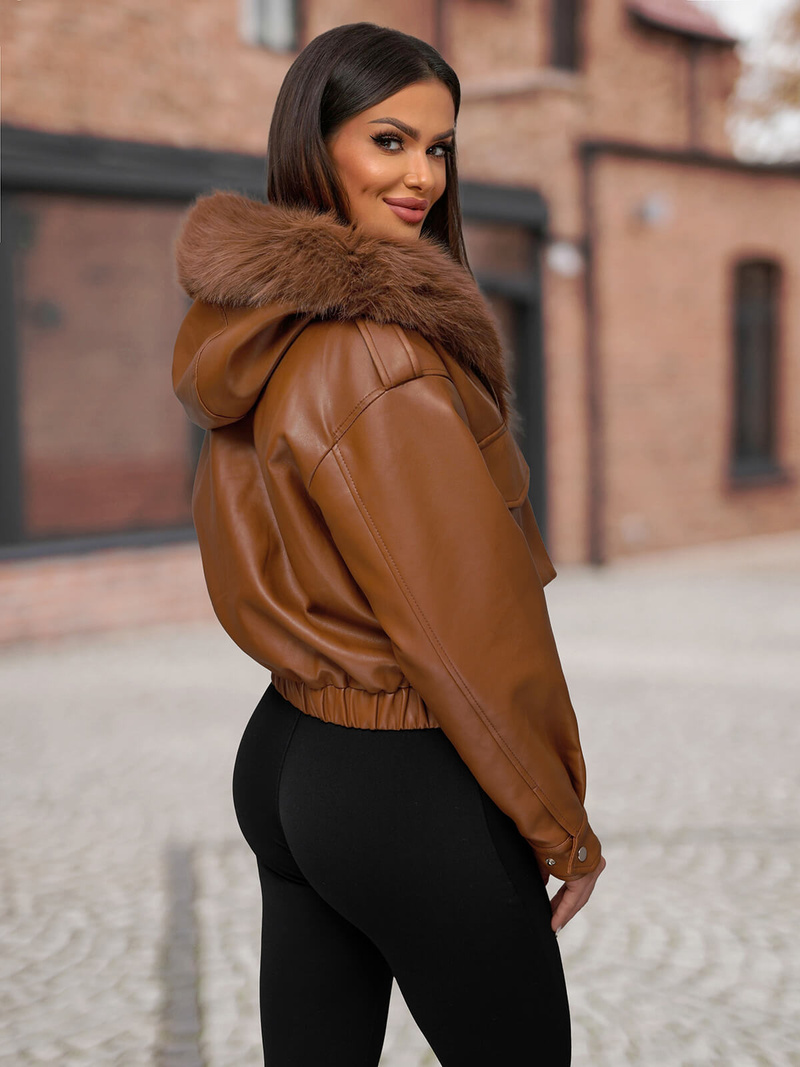Γυναικείο δερμάτινο μπουφάν καφέ OZONEE O/G125