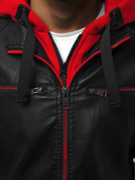 Ανδρικό δερμάτινο μπουφάν μαύρο-Κόκκινο OZONEE N/6129