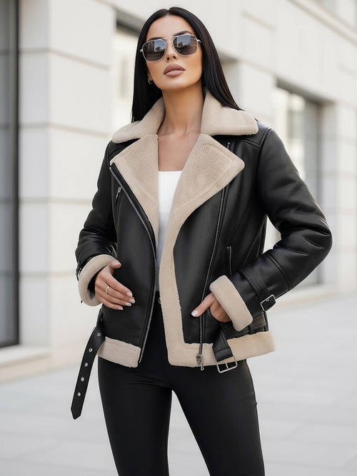 Γυναικείο δερμάτινο μπουφάν μαύρο-μπεζ OZONEE JS/11Z8177Z