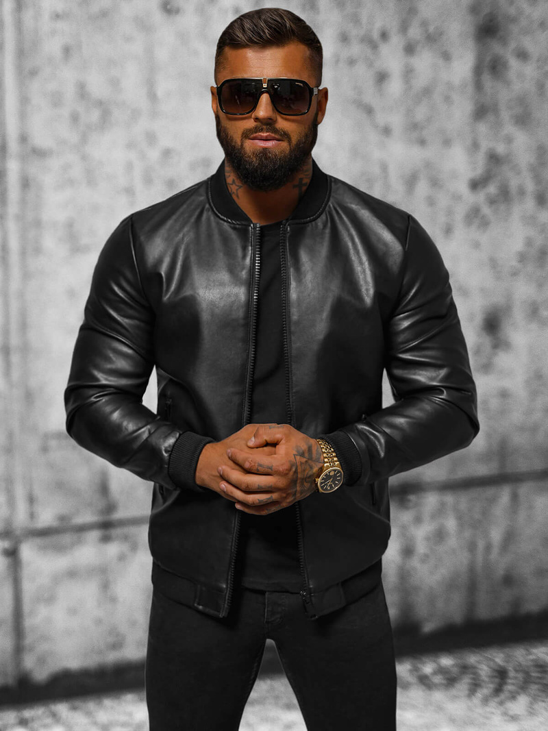 Ανδρικό δερμάτινο μπουφάν μαύρο OZONEE JS/11Z8105