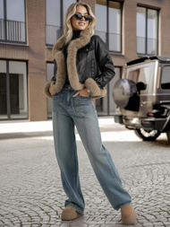 Γυναικείο δερμάτινο μπουφάν μαύρο OZONEE JS/61M8517/392