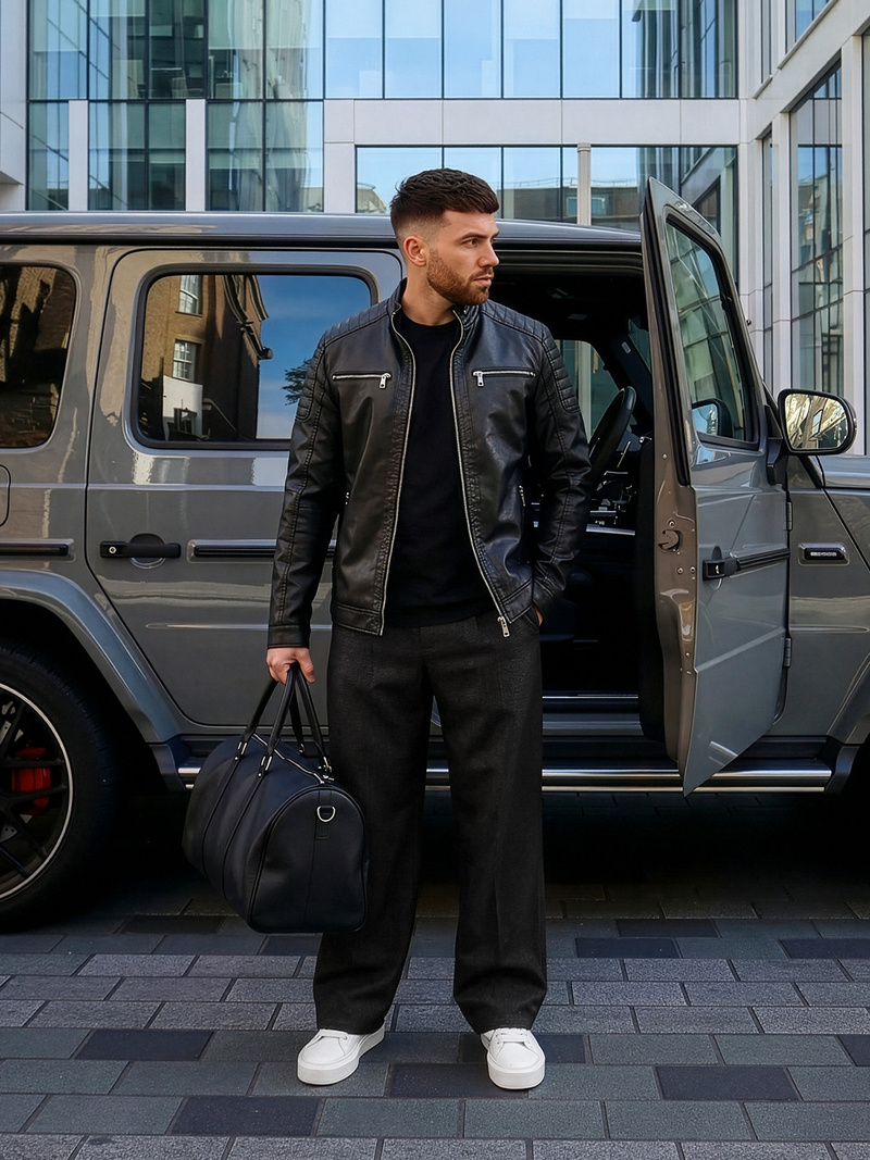 Ανδρικό δερμάτινο μπουφάν μαύρο OZONEE JS/11Z8137