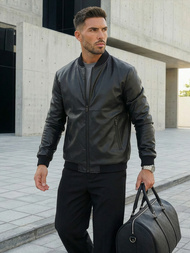 Ανδρικό δερμάτινο μπουφάν μαύρο OZONEE JS/11Z8015Z