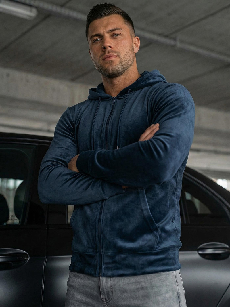 Ανδρικό βελούδινο Φούτερ με Kουκούλα ναυτικό μπλε OZONEE JS/8B1168/25Z