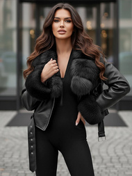 Γυναικείο δερμάτινο μπουφάν μαύρο OZONEE JS/61M8511/392AZ