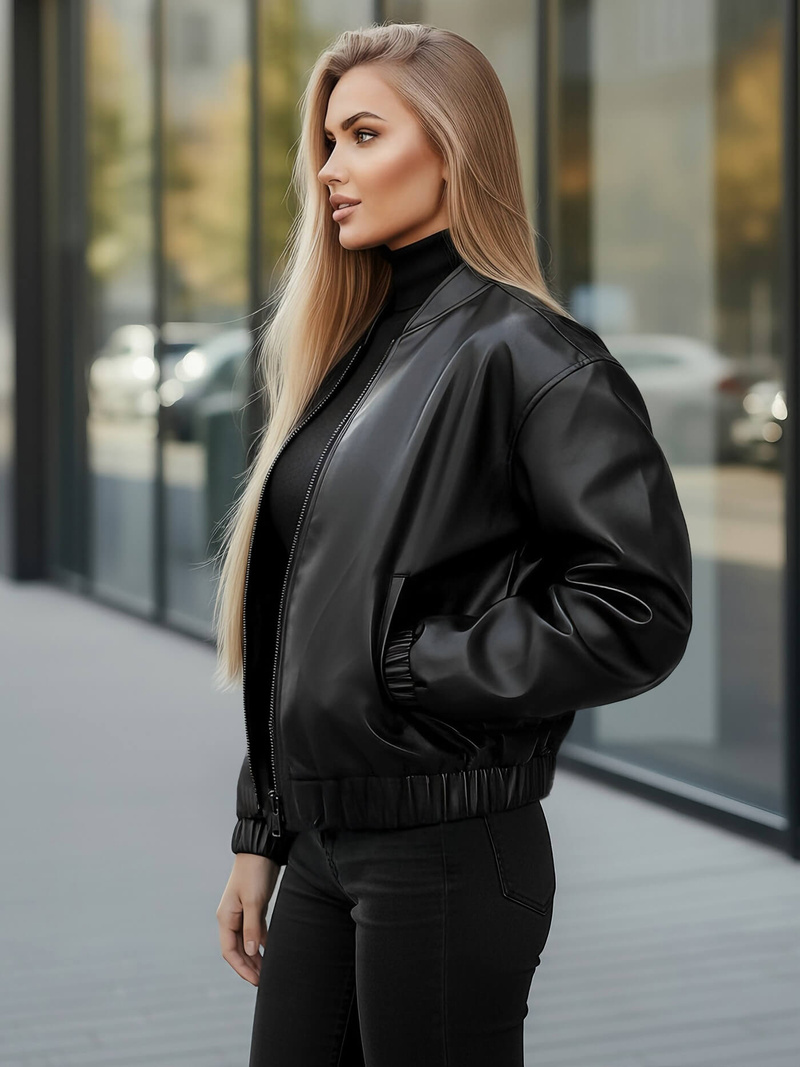 Γυναικείο δερμάτινο μπουφάν μαύρο OZONEE JS/11Z8281