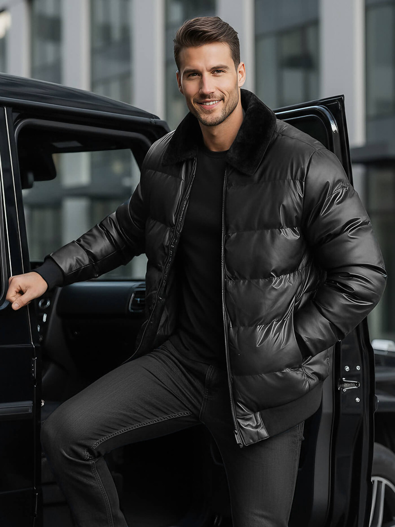 Ανδρικό δερμάτινο μπουφάν μαύρο OZONEE O/M795Z