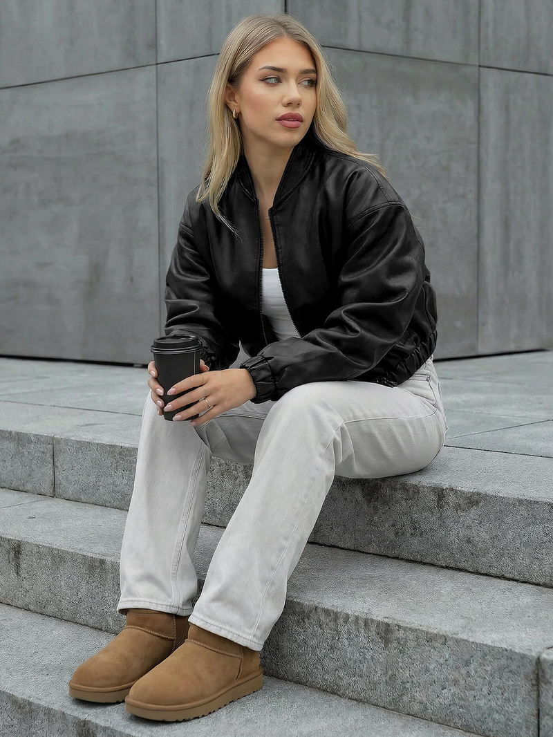 Γυναικείο δερμάτινο μπουφάν μαύρο OZONEE JS/11Z8281Z