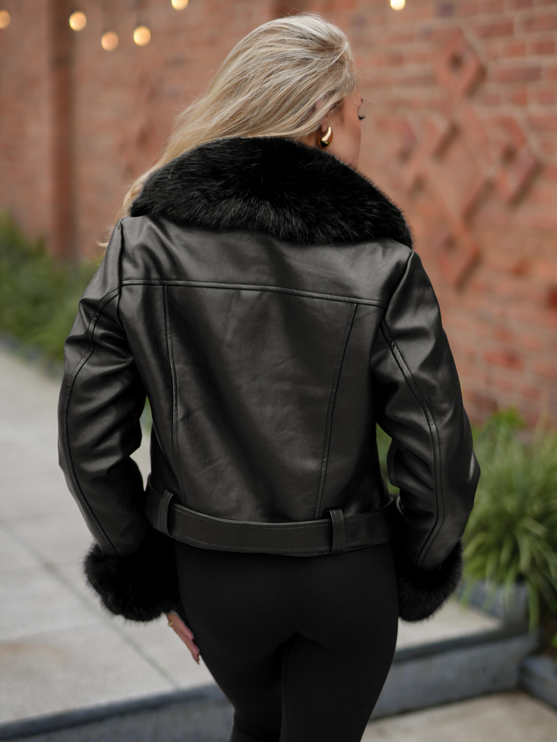 Γυναικείο δερμάτινο μπουφάν μαύρο OZONEE JS/61M8511/392A