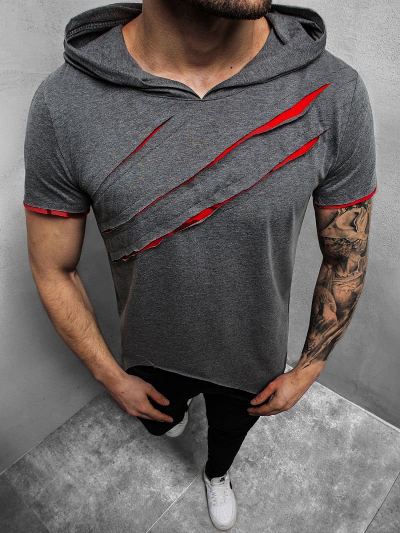 Ανδρικό μπλουζάκι με κουκούλα γραφίτη-Κόκκινο OZONEE A/1185Z