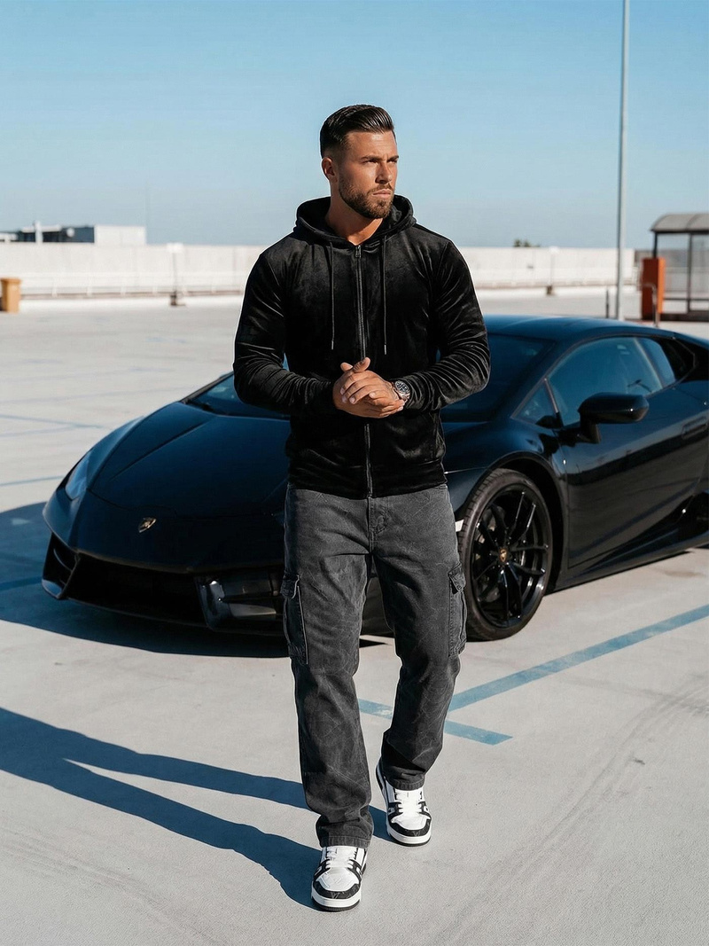 Ανδρικό βελούδινο Φούτερ με Kουκούλα μαύρο OZONEE JS/8B1168/3Z