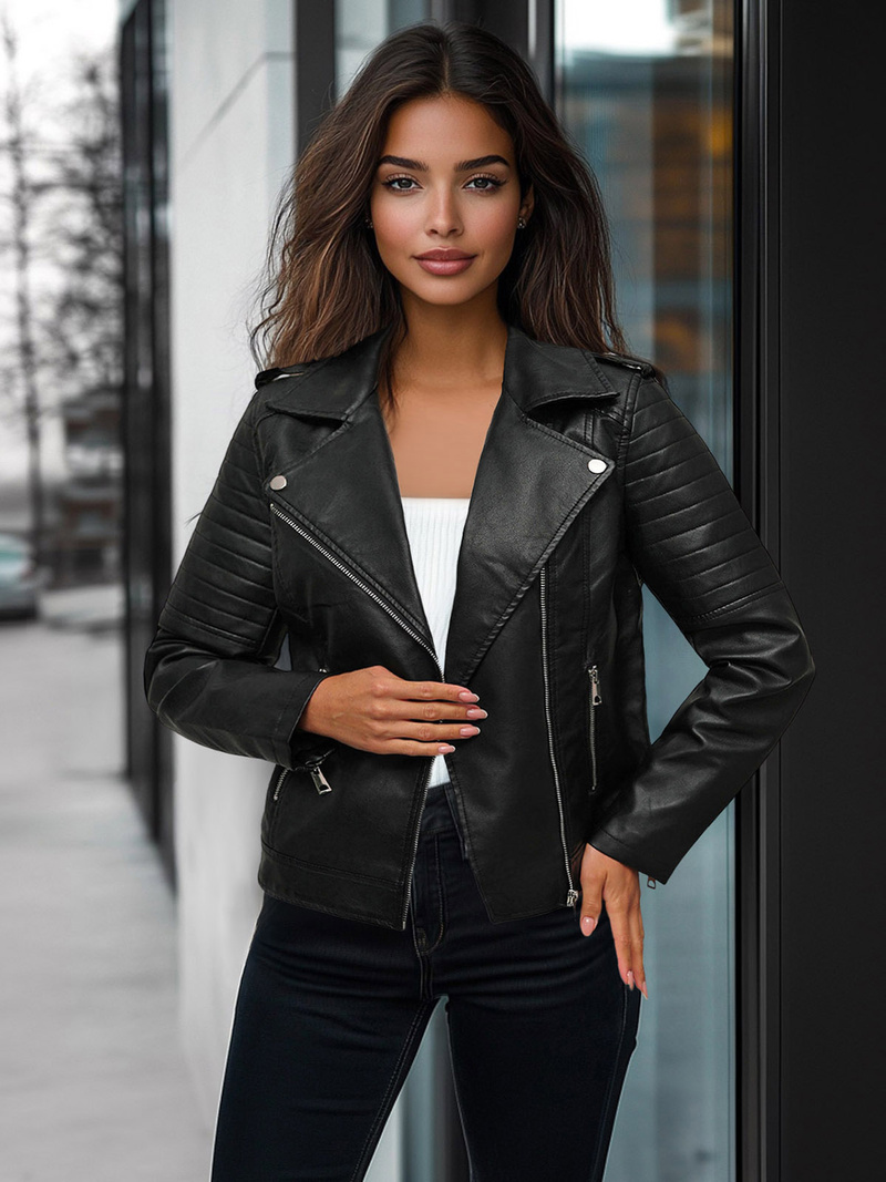 Γυναικείο δερμάτινο μπουφάν μαύρο OZONEE JS/11Z8097Z