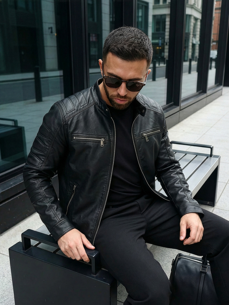 Ανδρικό δερμάτινο μπουφάν μαύρο OZONEE JS/11Z8138