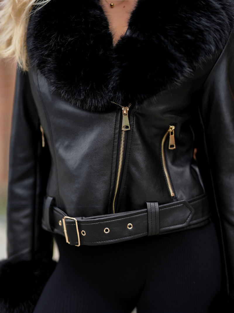 Γυναικείο δερμάτινο μπουφάν μαύρο OZONEE JS/61M8511/392A