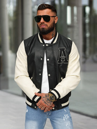 Ανδρικό δερμάτινο μπουφάν μαύρο-λευκό OZONEE JS/11Z8112Z