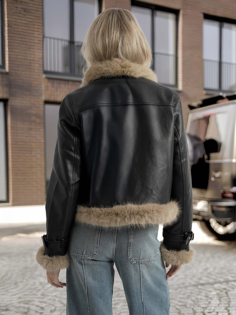 Γυναικείο δερμάτινο μπουφάν μαύρο OZONEE JS/61M8517/392