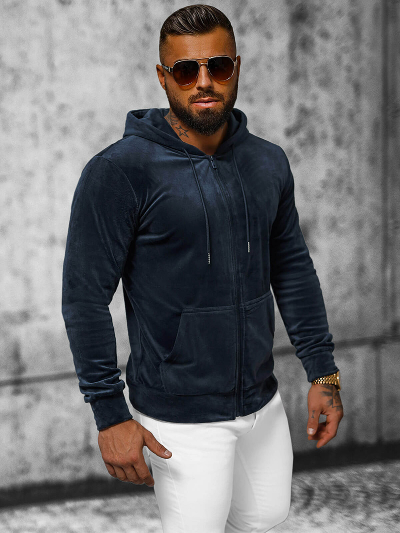 Ανδρικό βελούδινο Φούτερ με Kουκούλα ναυτικό μπλε OZONEE JS/8B1168/25