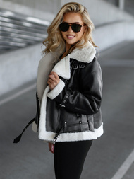 Γυναικείο δερμάτινο μπουφάν μαύρο-λευκό OZONEE JS/11Z8177Z