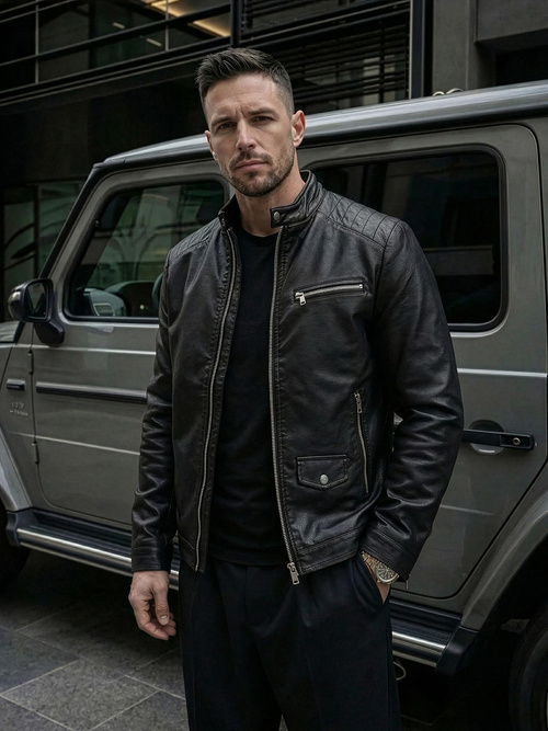 Ανδρικό δερμάτινο μπουφάν μαύρο OZONEE JS/11Z8021