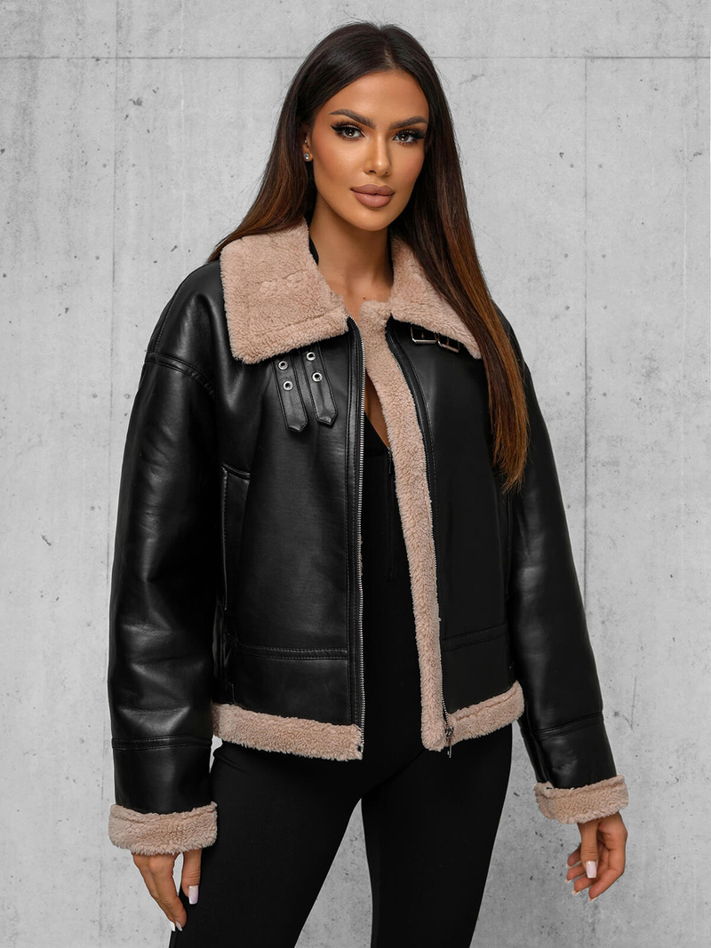 Γυναικείο δερμάτινο μπουφάν μαύρο-μπεζ OZONEE JS/11Z8176Z