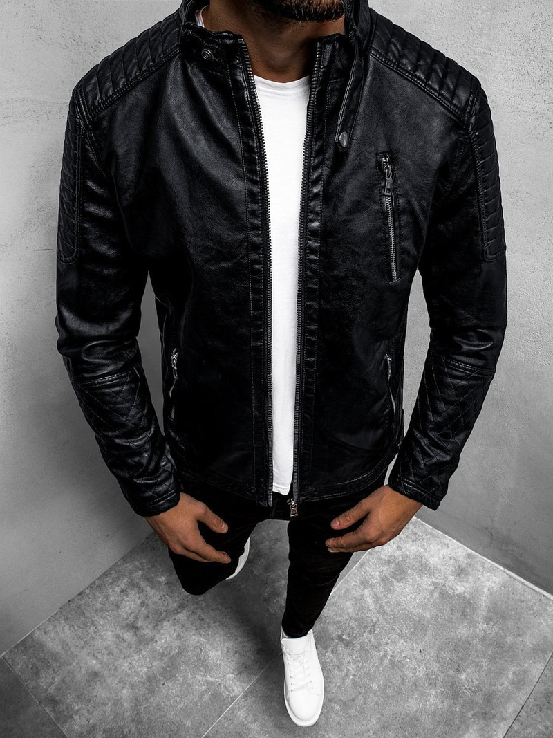 Ανδρικό δερμάτινο μπουφάν μαύρο OZONEE YD/BF5916309Z