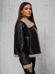 Γυναικείο δερμάτινο μπουφάν μαύρο-μπεζ OZONEE JS/11Z8176Z