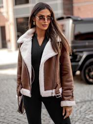 Γυναικείο δερμάτινο μπουφάν καφέ OZONEE JS/11Z8177