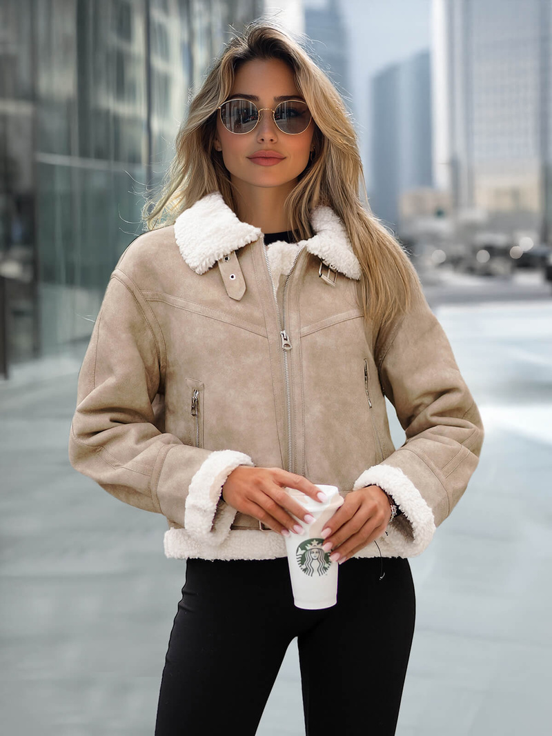 Γυναικείο δερμάτινο μπουφάν μπεζ OZONEE O/81331Z
