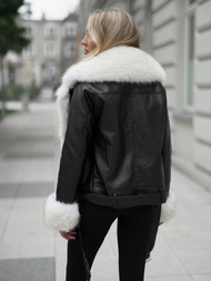 Γυναικείο δερμάτινο μπουφάν μαύρο-μπεζ OZONEE JS/61M8507/392BZ