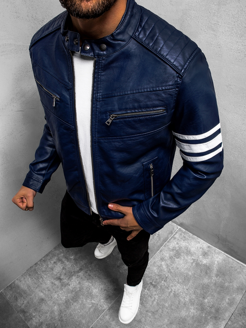 Ανδρικό δερμάτινο μπουφάν ναυτικό μπλε OZONEE YD/BF59359Z