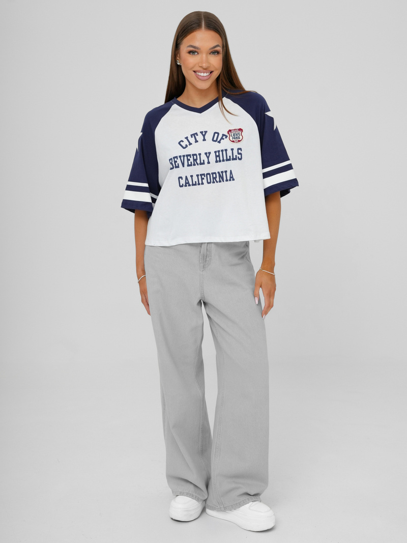 Γυναικείο μπλουζάκι ασπρό-ναυτικό μπλε OZONEE JS/R62493