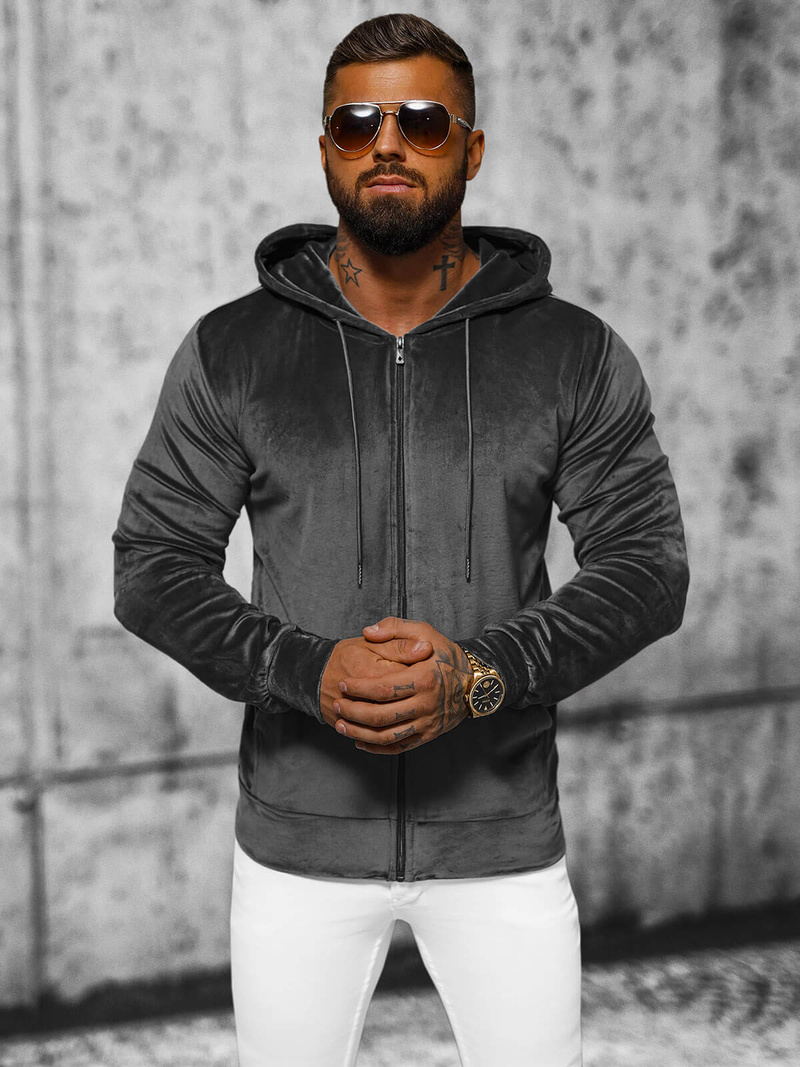 Ανδρικό βελούδινο Φούτερ με Kουκούλα γραφίτη OZONEE JS/8B1168/6